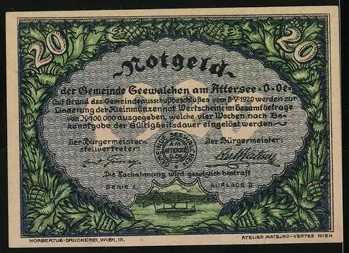 Notgeld Seewalchen am Attersee 1920, 20 Heller, Landschaft mit See und Gebäuden, florale Umrandung