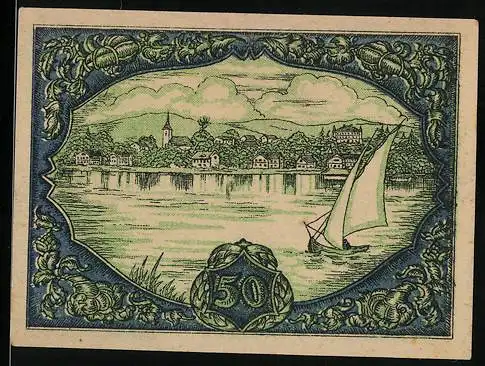 Notgeld Seewalchen am Attersee 1920, 50 Heller, Segelboot auf See und Ortsansicht, Seriennummer und Wappen vorhanden