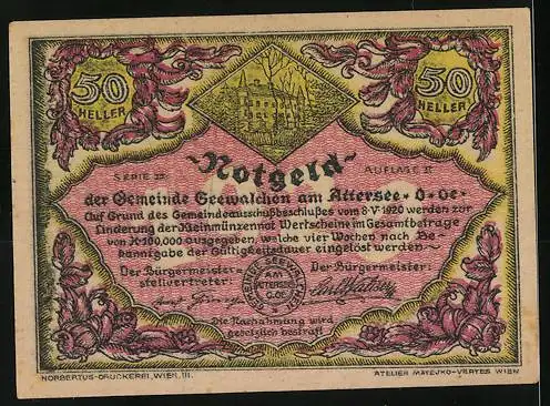 Notgeld Seewalchen am Attersee 1920, 50 Heller, Segelboot auf See und Ortsansicht, Seriennummer und Wappen vorhanden