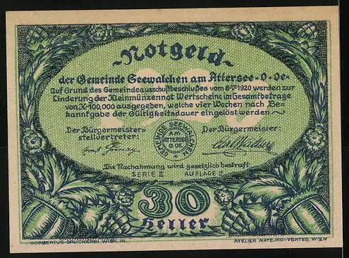 Notgeld Seewalchen am Attersee 1920, 30 Heller, Landschaft mit Baum und Person