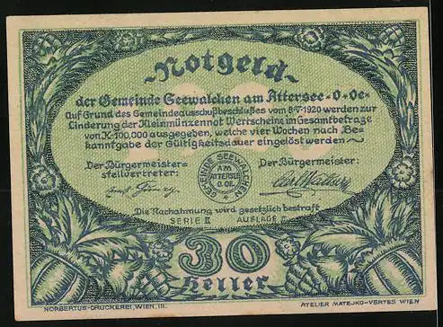 Notgeld Seewalchen am Attersee 1920, 30 Heller, Mann mit Fernglas auf Baum, Stadtansicht im Hintergrund