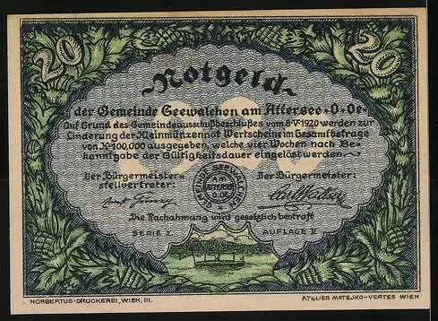 Notgeld Seewalchen am Attersee 1920, 20 Heller, Landschaftsmotiv mit See und Gebäuden, Serie II, Auflage I