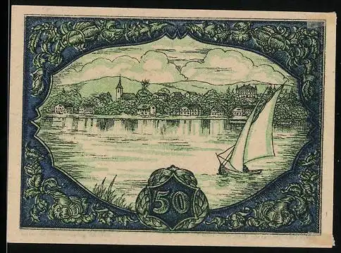 Notgeld Seewalchen am Attersee 1920, 50 Heller, Segelboot auf See und Landschaftsmotiv, Seriennummer & Wappen enthalten