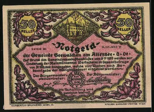 Notgeld Seewalchen am Attersee 1920, 50 Heller, Segelboot auf See und Landschaftsmotiv, Seriennummer & Wappen enthalten