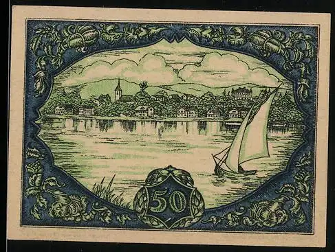 Notgeld Seewalchen am Attersee 1920, 50 Heller, Segelboot und Stadtansicht, mit Gemeindewappen und Seriennummer