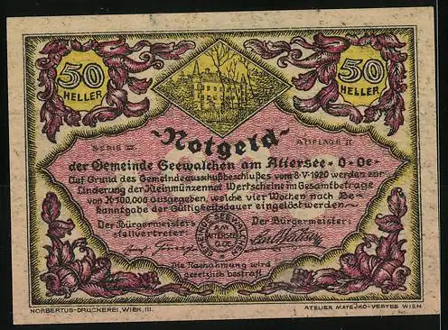 Notgeld Seewalchen am Attersee 1920, 50 Heller, Segelboot und Stadtansicht, mit Gemeindewappen und Seriennummer