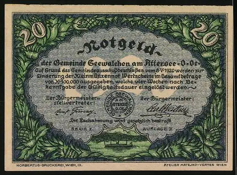 Notgeld Seewalchen am Attersee 1920, 20 Heller, Landschaft mit Burg und dekorativem Rahmen