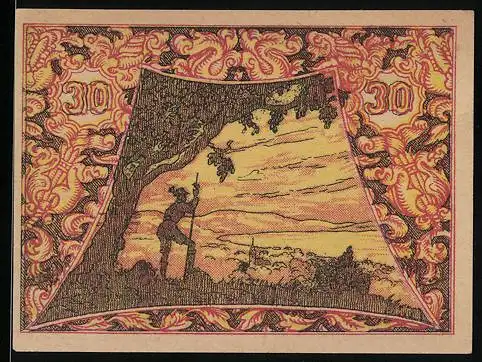 Notgeld Seewalchen am Attersee 1920, 30 Heller, Naturmotiv mit Wanderer unter Baum und Landschaft im Hintergrund