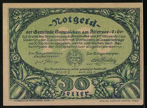 Notgeld Seewalchen am Attersee 1920, 30 Heller, Naturmotiv mit Wanderer unter Baum und Landschaft im Hintergrund