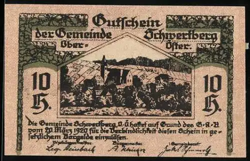 Notgeld Schwertberg 1920, 10 Heller, Landschaft mit Kirche und Wappen mit Schwert und Berg