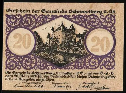 Notgeld Schwertberg 1920, 20 Heller, Schlossansicht und Wappen mit Schwertmotiv