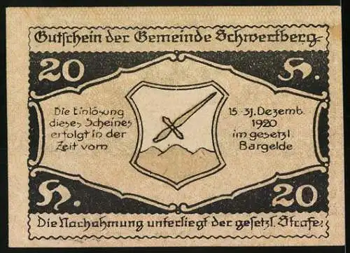 Notgeld Schwertberg 1920, 20 Heller, Schlossansicht und Wappen mit Schwertmotiv