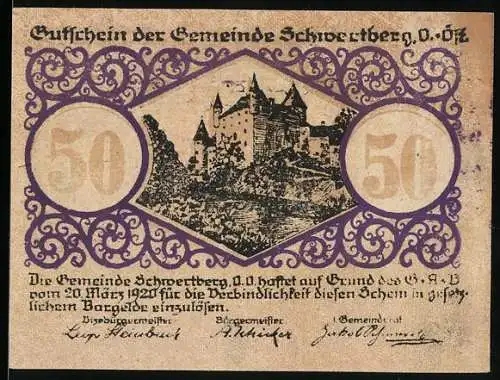 Notgeld Schwertberg 1920, 50 Heller, Burgmotiv und Wappen, violette Ornamente