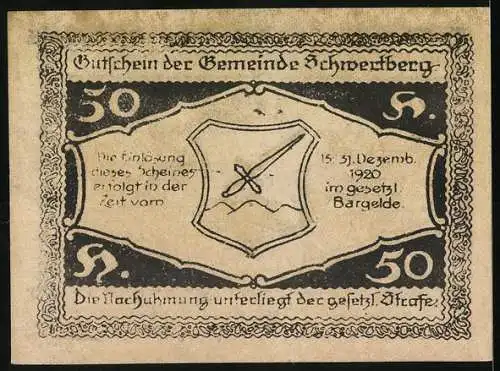 Notgeld Schwertberg 1920, 50 Heller, Burgmotiv und Wappen, violette Ornamente