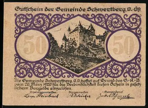 Notgeld Schwertberg 1920, 50 Heller, Burgmotiv und Wappen mit Schwert und Berg