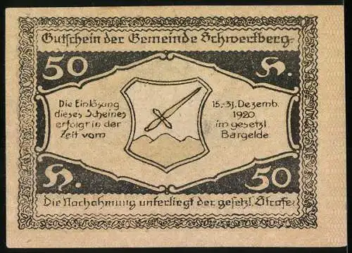 Notgeld Schwertberg 1920, 50 Heller, Burgmotiv und Wappen mit Schwert und Berg