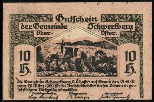 Notgeld Schwertberg 1920, 10 Heller, Dorflandschaft und Wappen mit Schwert und Berg