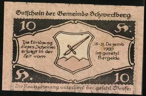 Notgeld Schwertberg 1920, 10 Heller, Dorflandschaft und Wappen mit Schwert und Berg