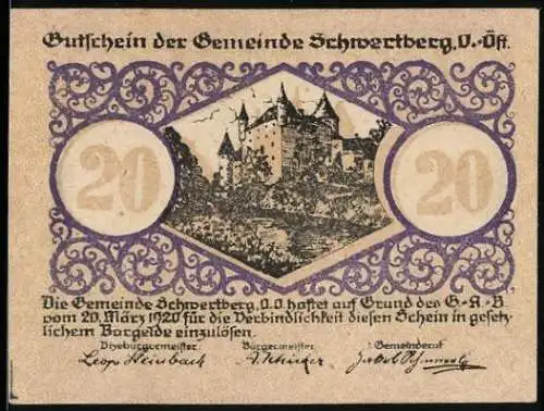 Notgeld Schwertberg 1920, 20 Heller, Schloss und Wappen mit Schwert über Berg