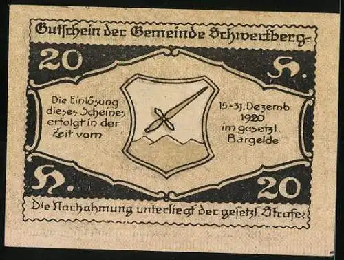 Notgeld Schwertberg 1920, 20 Heller, Schloss und Wappen mit Schwert über Berg