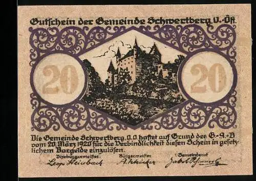 Notgeld Schwertberg 1920, 20 Heller, Schlossansicht und Wappen mit Schwertern