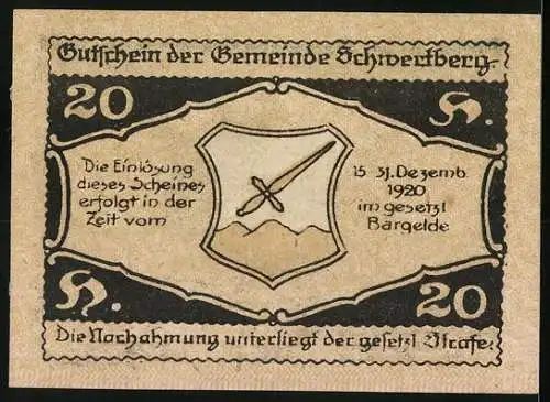 Notgeld Schwertberg 1920, 20 Heller, Schlossansicht und Wappen mit Schwertern