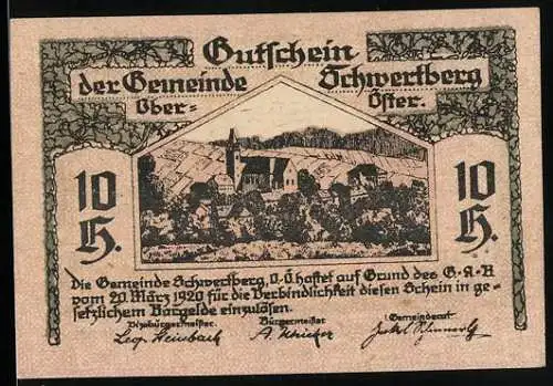 Notgeld Schwertberg 1920, 10 Heller, Dorflandschaft und Wappen mit Schwertmotiv