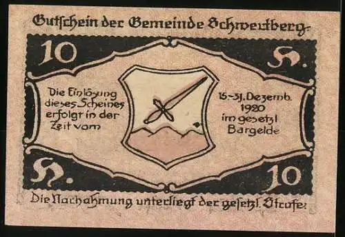 Notgeld Schwertberg 1920, 10 Heller, Dorflandschaft und Wappen mit Schwertmotiv