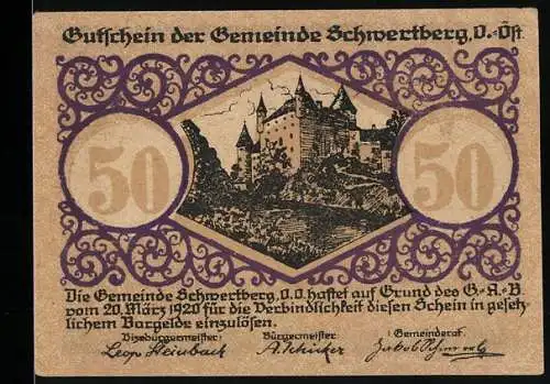 Notgeld Schwertberg 1920, 50 Heller, Burgmotiv, Schwert im Wappen