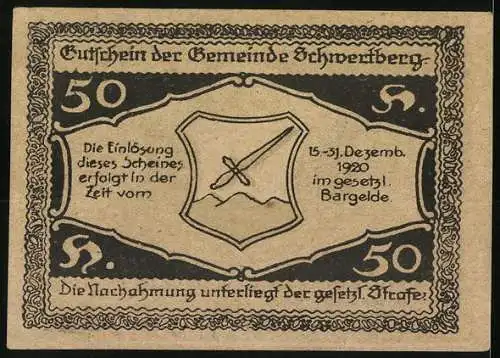 Notgeld Schwertberg 1920, 50 Heller, Burgmotiv, Schwert im Wappen