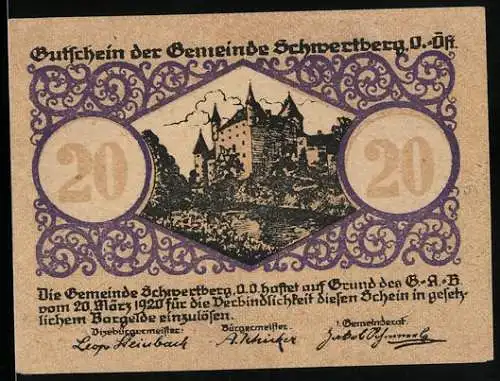 Notgeld Schwertberg 1920, 20 Heller, Burgansicht und Wappen mit Schwert und Berg