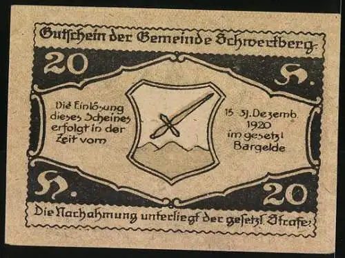 Notgeld Schwertberg 1920, 20 Heller, Burgansicht und Wappen mit Schwert und Berg