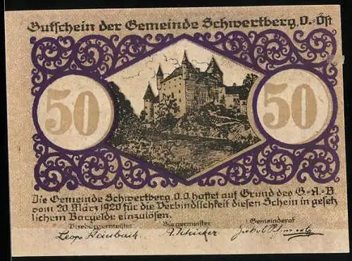 Notgeld Schwertberg 1920, 50 Heller, Burg und Schwert-Wappen, violett verziert