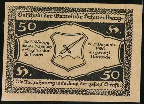 Notgeld Schwertberg 1920, 50 Heller, Burg und Schwert-Wappen, violett verziert