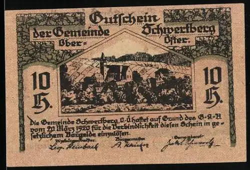 Notgeld Schwertberg 1920, 10 Heller, Dorflandschaft und Wappen mit Schwertmotiv