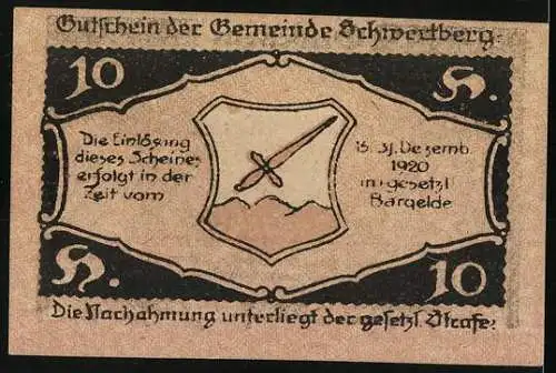 Notgeld Schwertberg 1920, 10 Heller, Dorflandschaft und Wappen mit Schwertmotiv