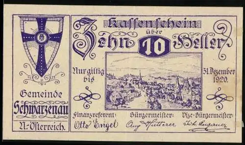 Notgeld Schwarzenau 1920, 10 Heller, Stadtansicht und Wappen