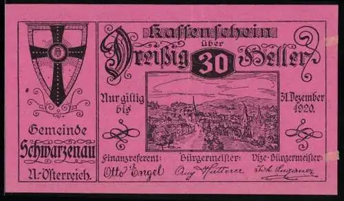 Notgeld Schwarzenau 1920, 30 Heller, Stadtansicht und Wappen der Gemeinde Schwarzenau