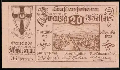 Notgeld Schwarzenau 1920, 20 Heller, Stadtansicht und Wappen der Gemeinde Schwarzenau