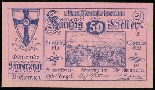 Notgeld Schwarzenau 1920, 50 Heller, Stadtansicht und Wappen