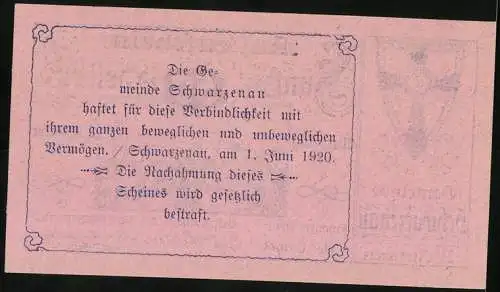 Notgeld Schwarzenau 1920, 50 Heller, Stadtansicht und Wappen