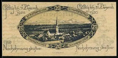 Notgeld Schwanenstadt 1920, 20 Heller, Ansicht der Stadt mit Kirche und Bergen im Hintergrund