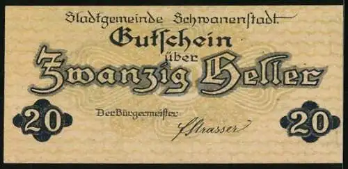 Notgeld Schwanenstadt 1920, 20 Heller, Ansicht der Stadt mit Kirche und Bergen im Hintergrund