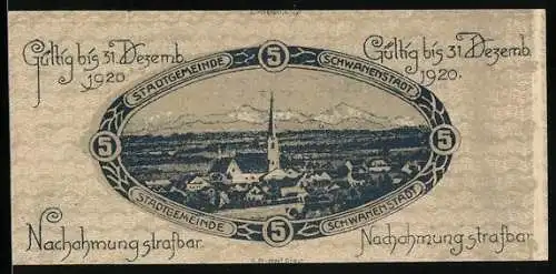 Notgeld Schwanenstadt 1920, 5 Heller, Stadtansicht mit Kirchturm und Alpen im Hintergrund