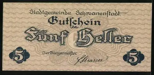 Notgeld Schwanenstadt 1920, 5 Heller, Stadtansicht mit Kirchturm und Alpen im Hintergrund