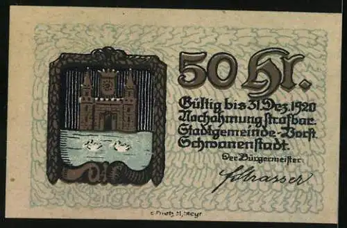 Notgeld Schwanenstadt 1920, 50 Heller, Stadttor und Wappen mit Schwänen