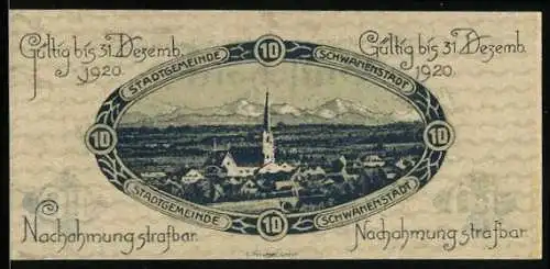 Notgeld Schwanenstadt 1920, 10 Heller, Stadtansicht mit Kirche und Alpenpanorama