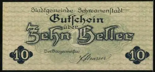 Notgeld Schwanenstadt 1920, 10 Heller, Stadtansicht mit Kirche und Alpenpanorama