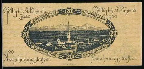 Notgeld Schwanenstadt 1920, 20 Heller, Stadtansicht mit Kirche und Alpenpanorama