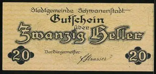 Notgeld Schwanenstadt 1920, 20 Heller, Stadtansicht mit Kirche und Alpenpanorama